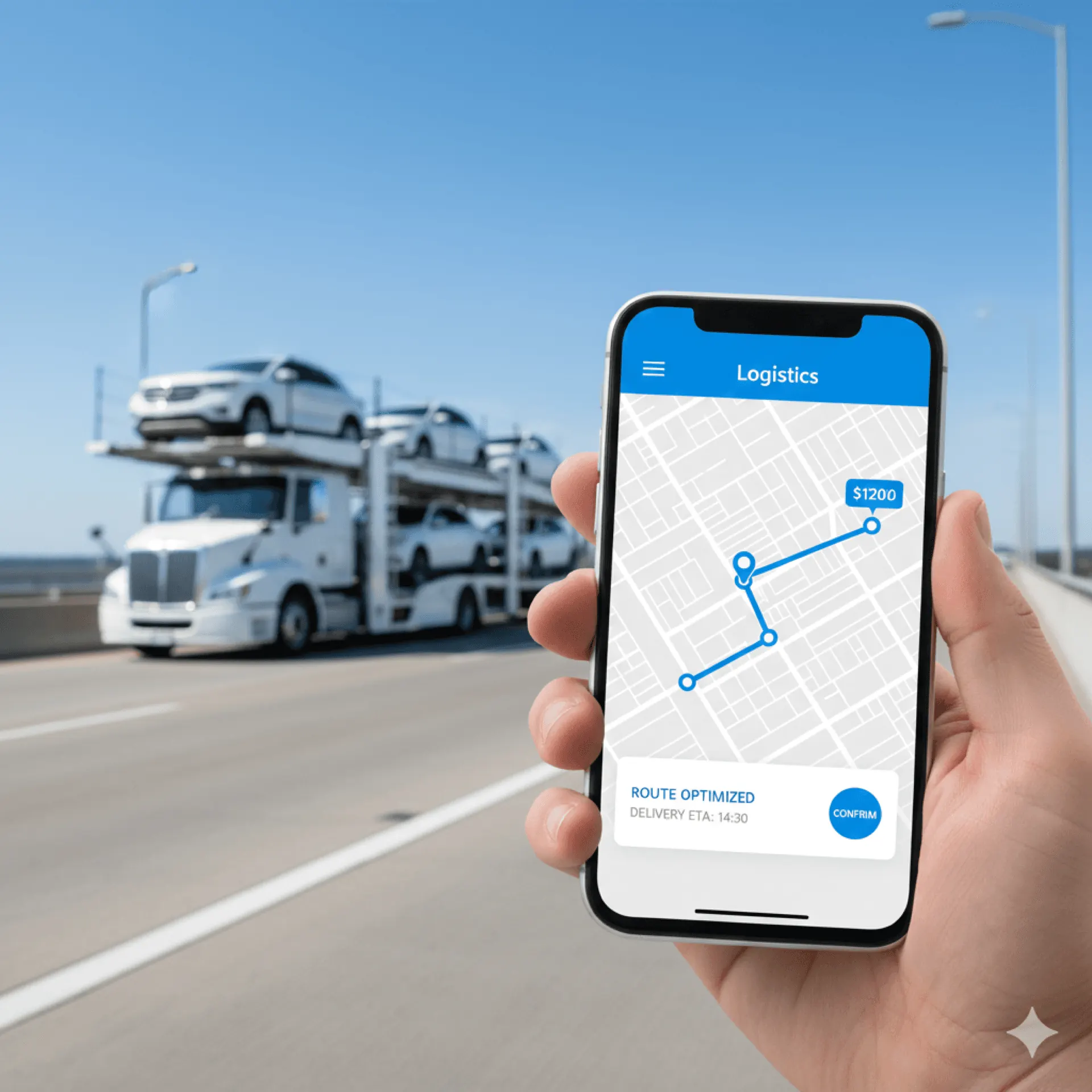 Chinese truck driver with Blue CheTuoChe Logo on a professional carrier truck